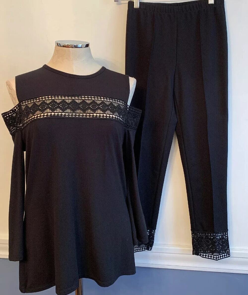 Small Yyigal Black 2 piece Soft Knit Outfit Womens Lace Trim Pants